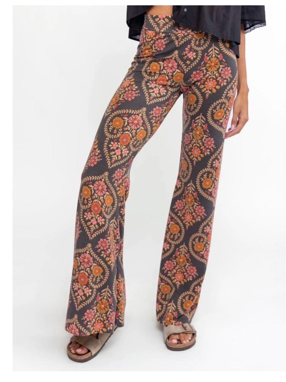 NWT NATURAL LIFE cali flares pants size Large charcoal willow boho floral flare